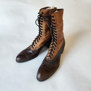 1800s Victorian 2 tone brown boots, lace up with leather soles and nail head heel, leather, very small