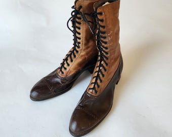 1800s Victorian 2 tone brown boots, lace up with leather soles and nail head heel, leather, very small