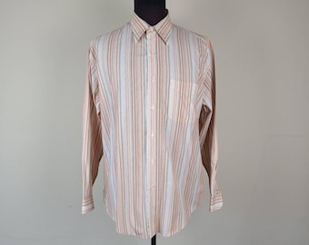 60s 70s dress shirt, 16x34 men's, long sleeved, orange striped, Van Heusen