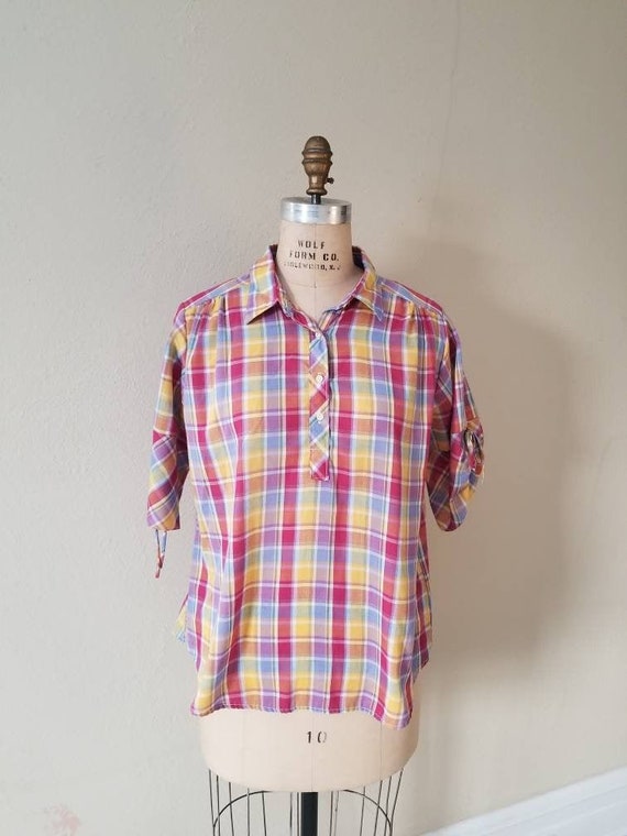 70s blouse, vintage ladies, plaid short sleeved,  