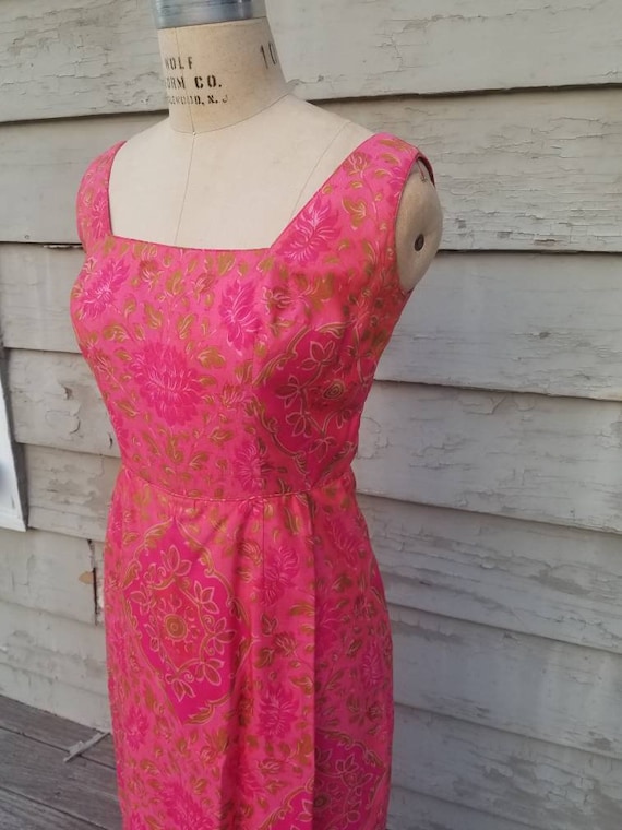 50s silk dress, gorgeous rose pink, floral design,