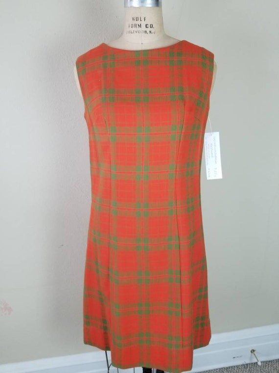 60s mod dress, sleeveless plaid dress, orange gre… - image 3