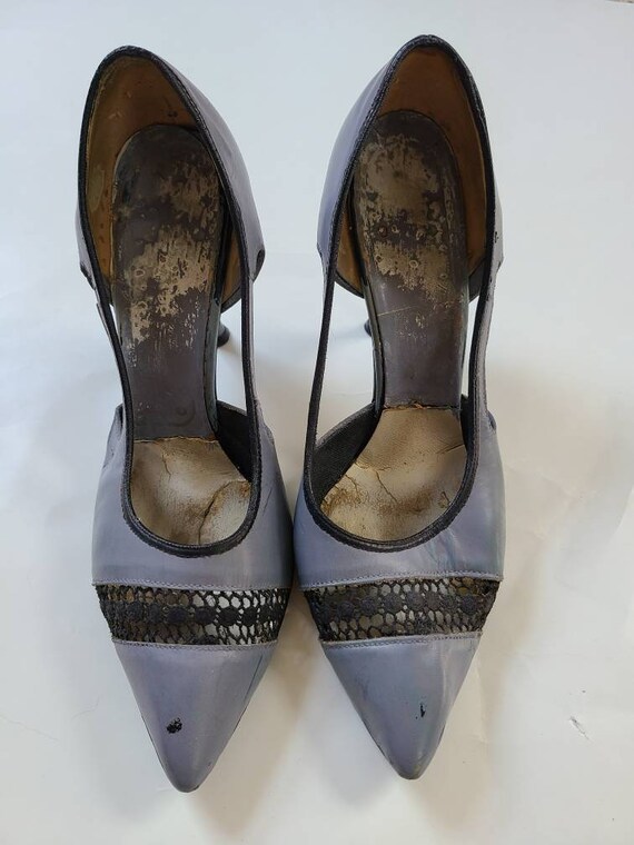 6 1/2 lavender stilettos with black lace leather … - image 2