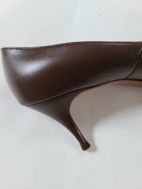 50s 6 1/2, stiletto pumps, brown leather, high he… - image 5