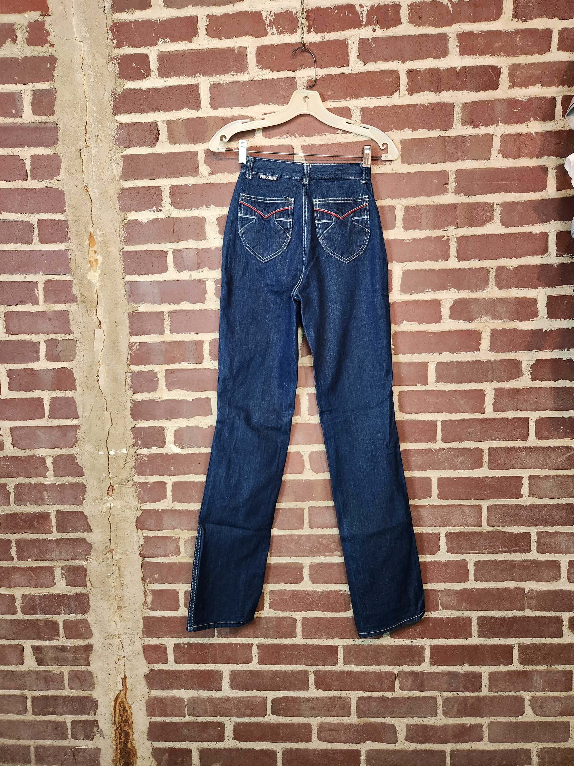 70s deadstock jeans, ladies, teen, size 7 or 9 Long, VISCOUNT, vintage denim, new old stock, wide leg flare, dark wash