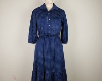 70s dress, ruffled hem, blue polka dots, polyester knit, stretchy fabric, 40