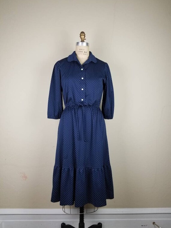 70s dress, ruffled hem, blue polka dots, polyeste… - image 1
