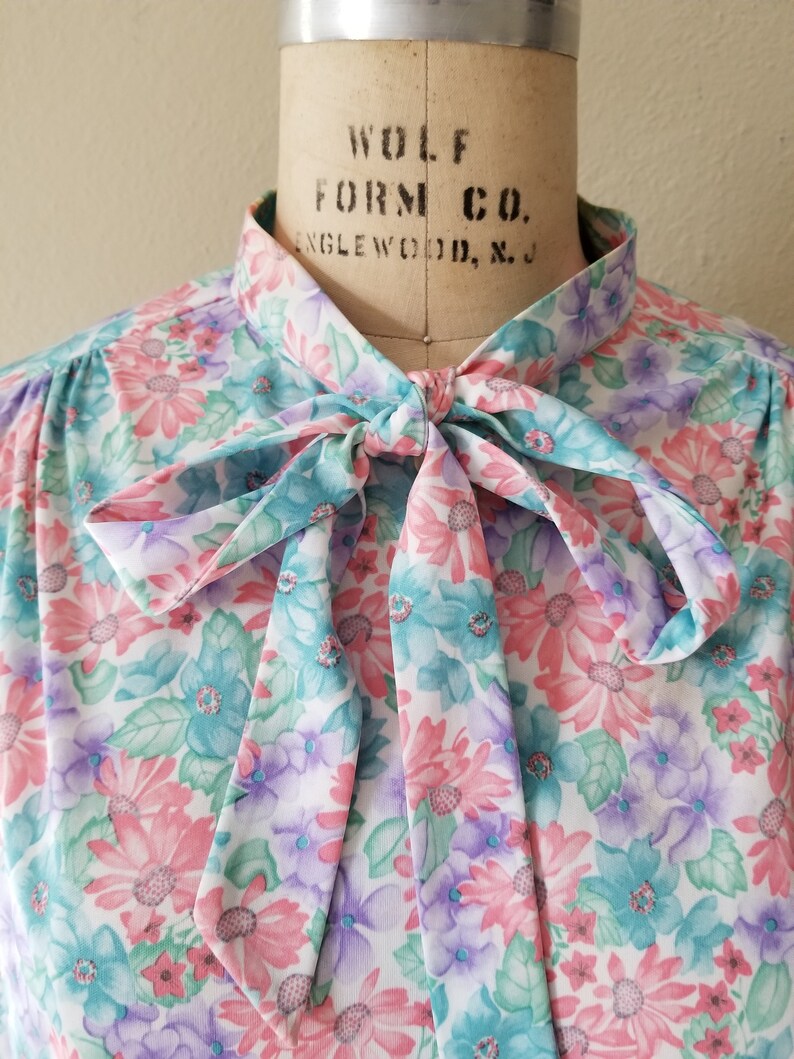 70s-80s Bow Blouse Ladies Floral Polyester 44 - Etsy