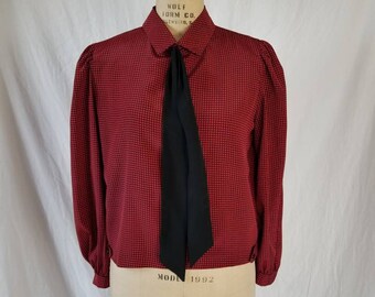 70s blouse, red and black with collar sash, 12