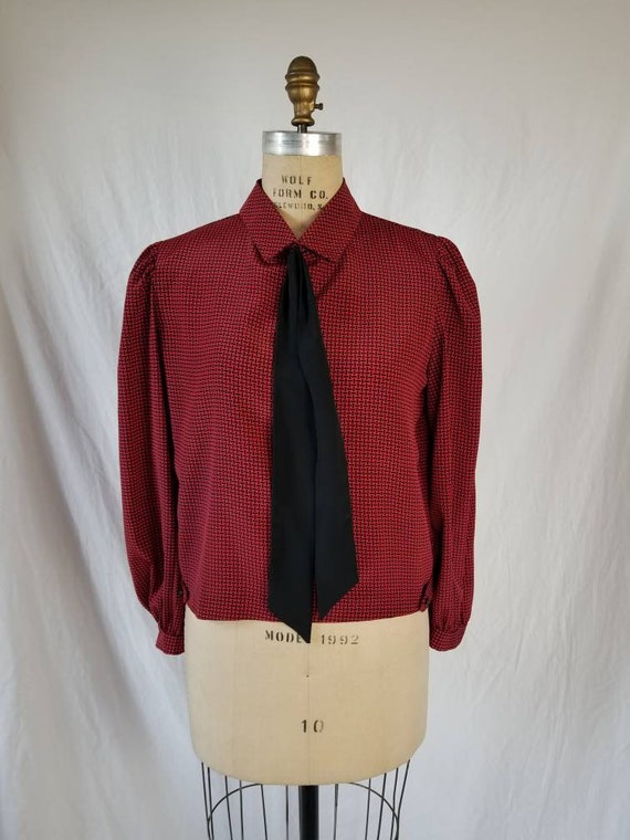 70s blouse, red and black with collar sash, 12 - image 1
