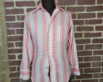 Mens 70s vintage pink butterfly collar shirt,  striped weave, 13 x 31/2, poly cotton, Manhattan