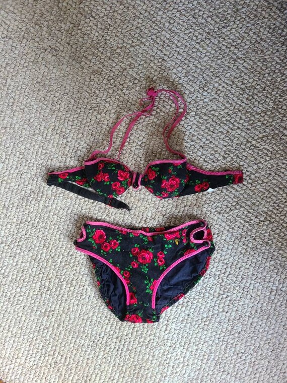 50s 60s bikini, black floral xxs, 34, bathing suit