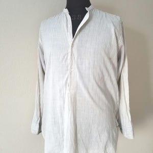Antique mens collarless shirt, Victorian style, 16 x 33, striped