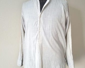 Antique mens collarless shirt, Victorian style, 16 x 33, striped