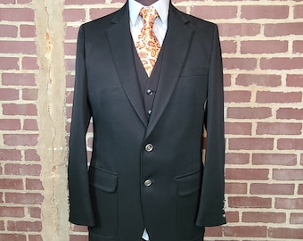 60s 70s sportcoat, mens blazer, 42L, black polyester