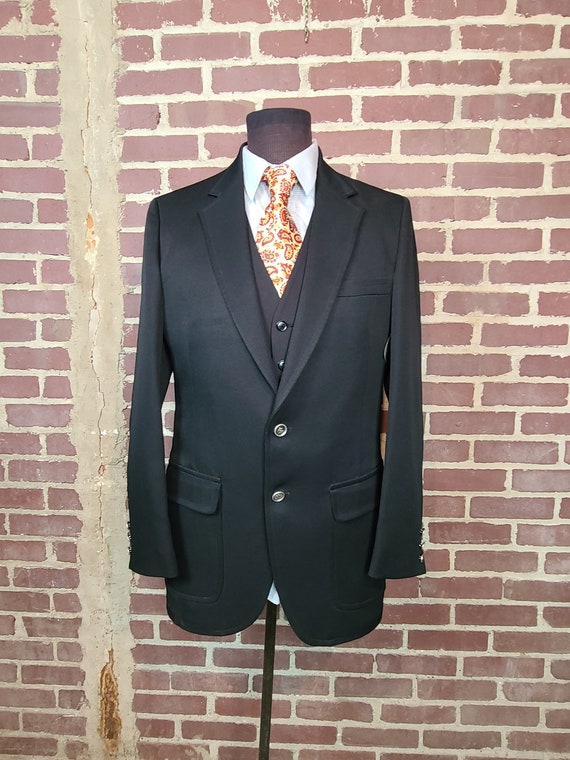 60s 70s sportcoat, mens blazer, 42L, black polyest