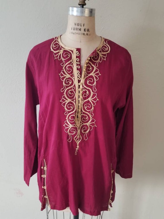 Boho amazing top, 60s, maroon cotton handmade eth… - image 10