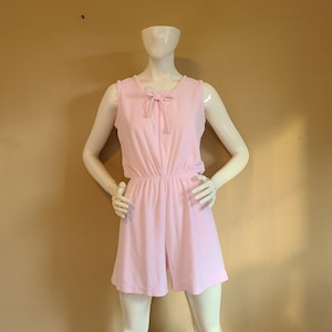 70s terry romper, light pink knit, terrycloth, small, sleeveless, zip up, elastic waist