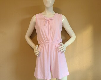 70s terry romper, light pink knit, terrycloth, small, sleeveless, zip up, elastic waist