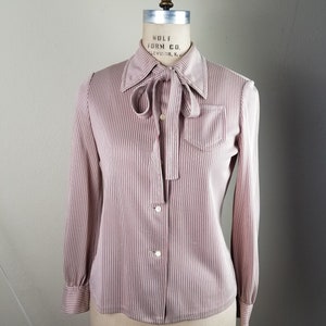 70s blouse with bow tie, 36, burgundy and tan striped