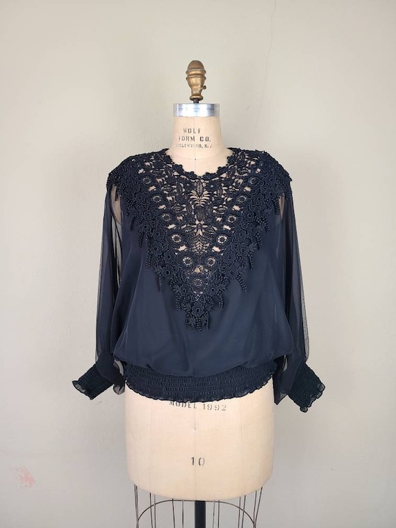 Vintage sheer lace blouse, bat wing sleeves, black