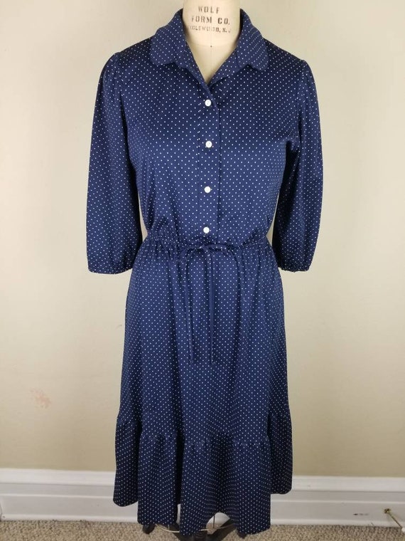 70s dress, ruffled hem, blue polka dots, polyeste… - image 2