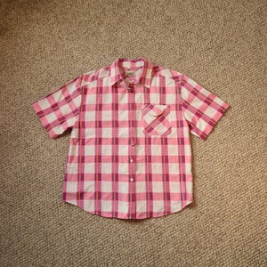 80s Chic top, ladies blouse, short sleeved, pink plaid, great detailing,  large, woven plaid