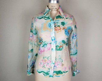 Tucci 70s blouse with butterfly collar ladies 11/12, sheer floral print