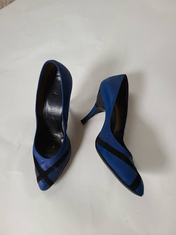 6 1/2 50s stilettos blue black, leather sole, met… - image 1