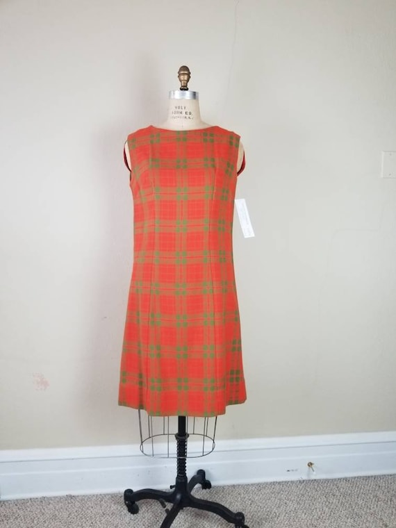 60s mod dress, sleeveless plaid dress, orange gre… - image 1
