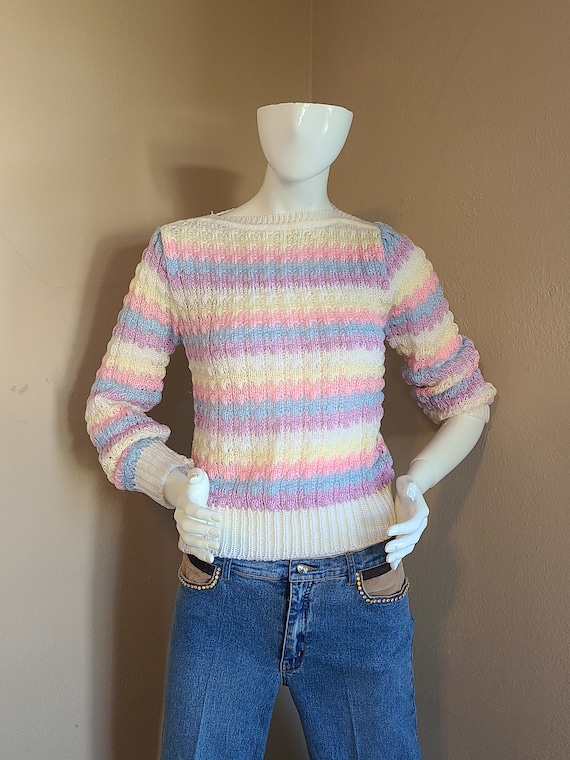 70s girly sweater, medium, pastel colors, puff kni