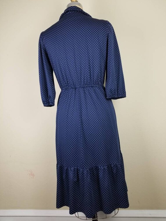 70s dress, ruffled hem, blue polka dots, polyeste… - image 5