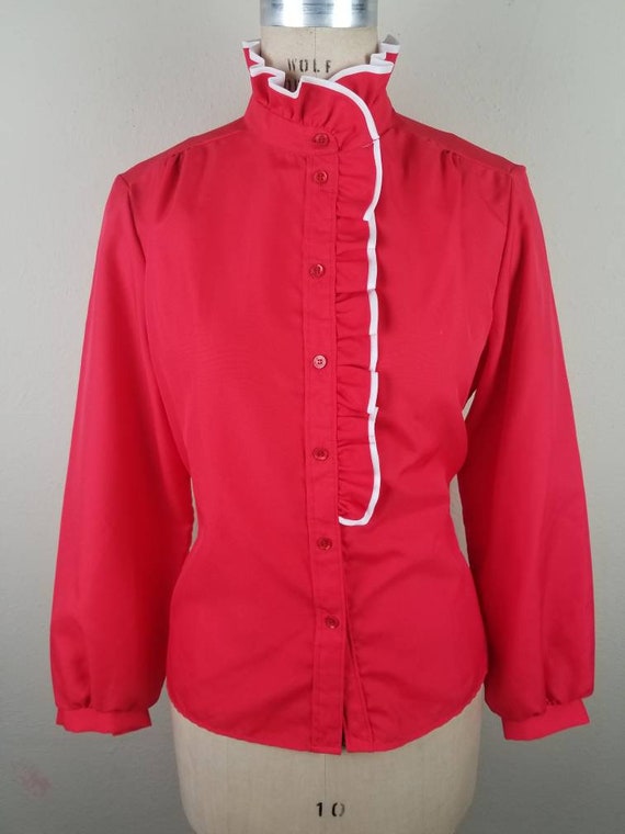 80s, size 16, bright red blouse, red with white t… - image 2