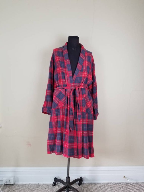 50s robe, mens 1950s flannel bathrobe, red blue pl