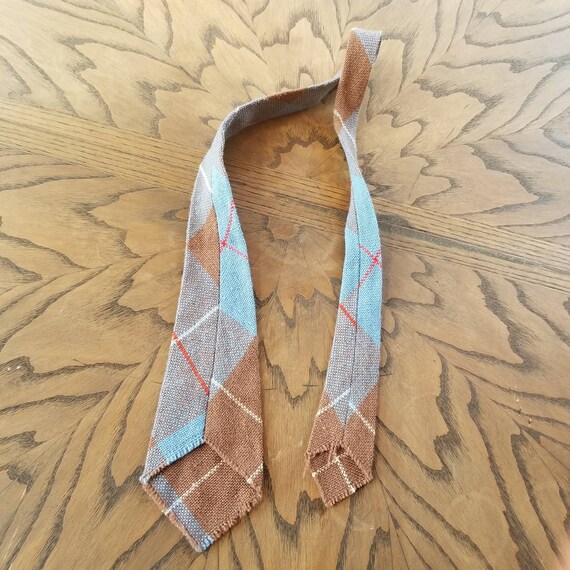 30s necktie, mens wool tie, blue brown plaid raw … - image 4