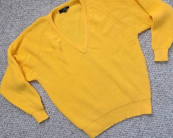 80s sweater, bright golden yellow, acrylic,  v neck sweater
