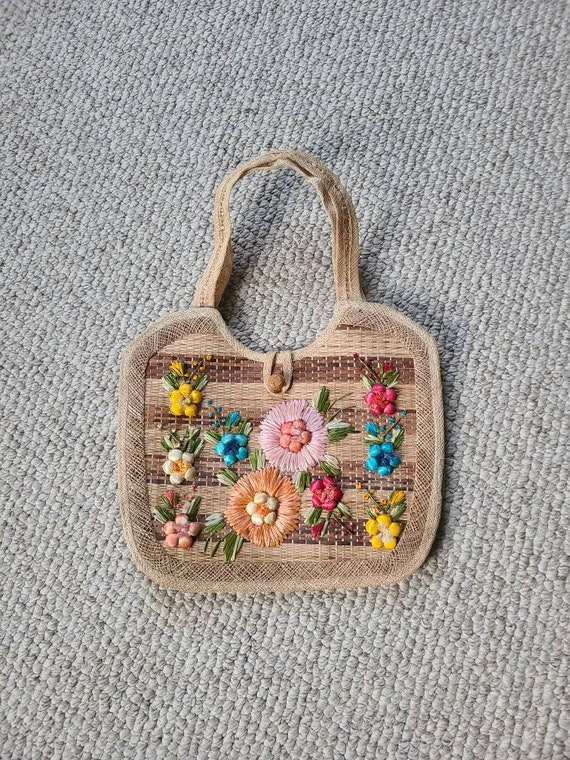 Straw bag, vintage straw handbag, floral, beach b… - image 1
