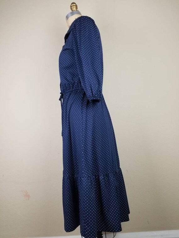 70s dress, ruffled hem, blue polka dots, polyeste… - image 7
