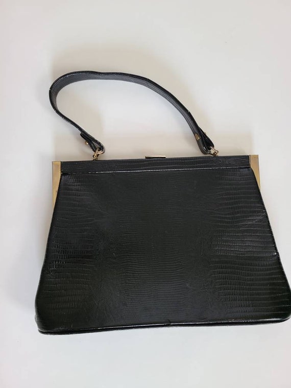 60s alligator handbag, black leather purse - image 4