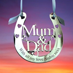 Personalised Mum & Dad Wedding Horseshoe. Silver Mirror Acrylic. Keepsake. Please read listing before purchasing. MD1862