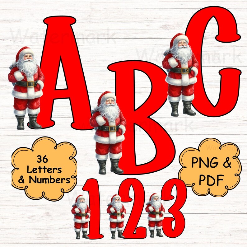 Red Santa Alphabet Clipart: 36 PNG & PDF Images. Instant Digital ...