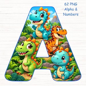 May include: A large capital letter A featuring a blue border and a jungle scene with four cartoon dinosaurs. The text 62 PNG Alpha & Numbers is visible in the upper right corner. The dinosaurs are green, blue, and orange with spikes.