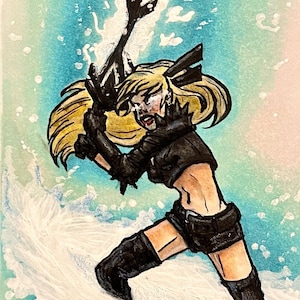 May include: A woman with long blonde hair wearing a black outfit and black boots is holding a sword. She is standing in a blue and white water background.