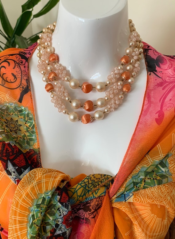 Mid Century Peach And Pink 3 Strand Bead Necklace