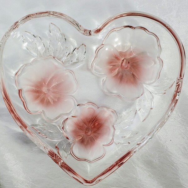 Vintage  Mikasa Heart Shaped Glass Dish With Flower Detail