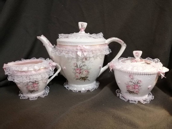 Tea Set, Shabby Chic Decor, Shabby Chic Dining, Teapot Set, Shabby Chic Teapot Set, Cream & Sugar Bowl Set, Decorative Ceramic Tea Set