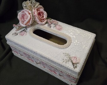 Tissue Box Cover, Large Tissue Box Cover,  Shabby Chic Decor,  Shabby Chic Bathroom,  Pink Tissue Box Cover, Shabby Chic Tissue Box Cover
