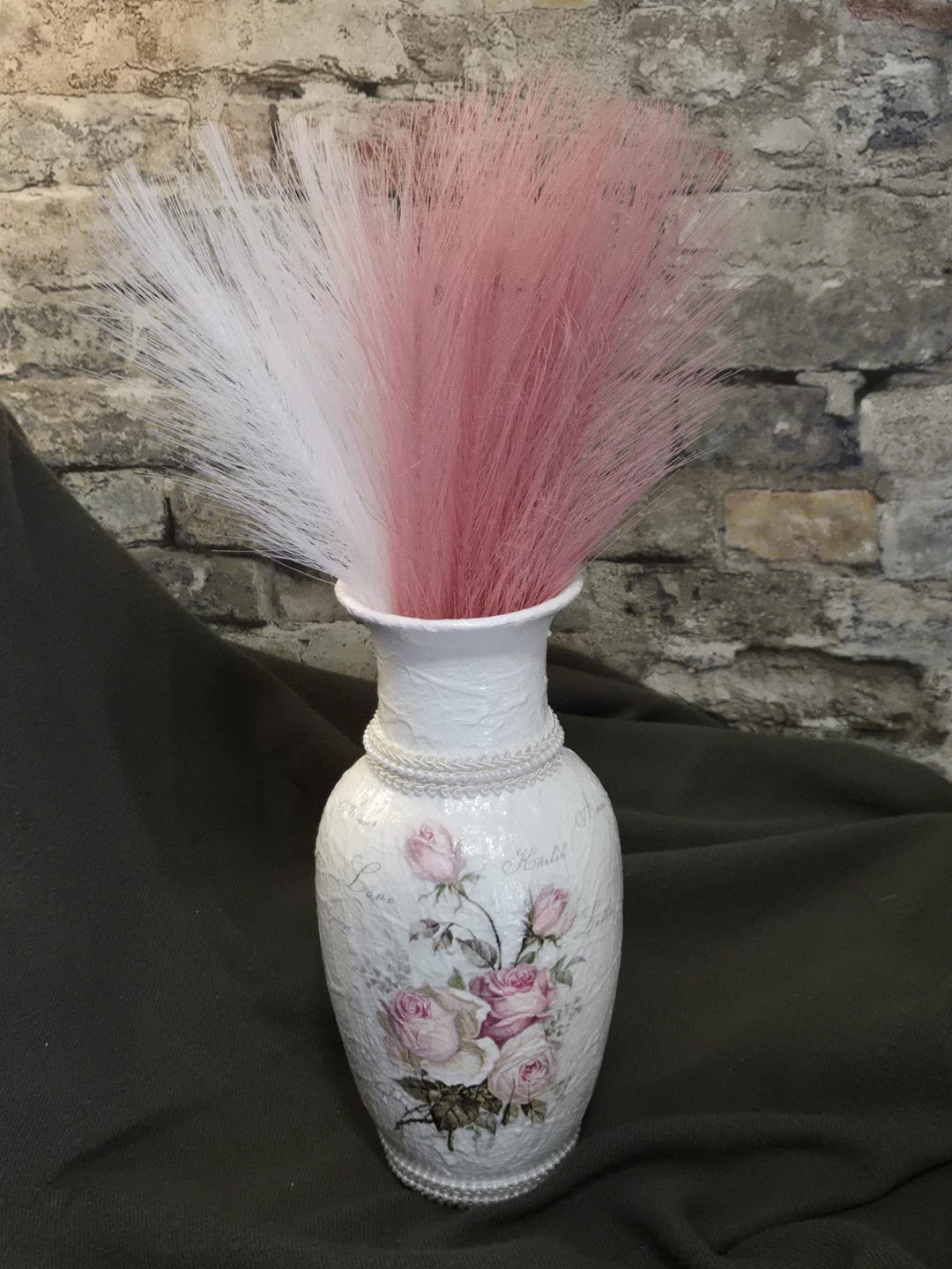 Pink Floral Vase, Large Pink Floral Vase, Ceramic Vase, Shabby Chic ...