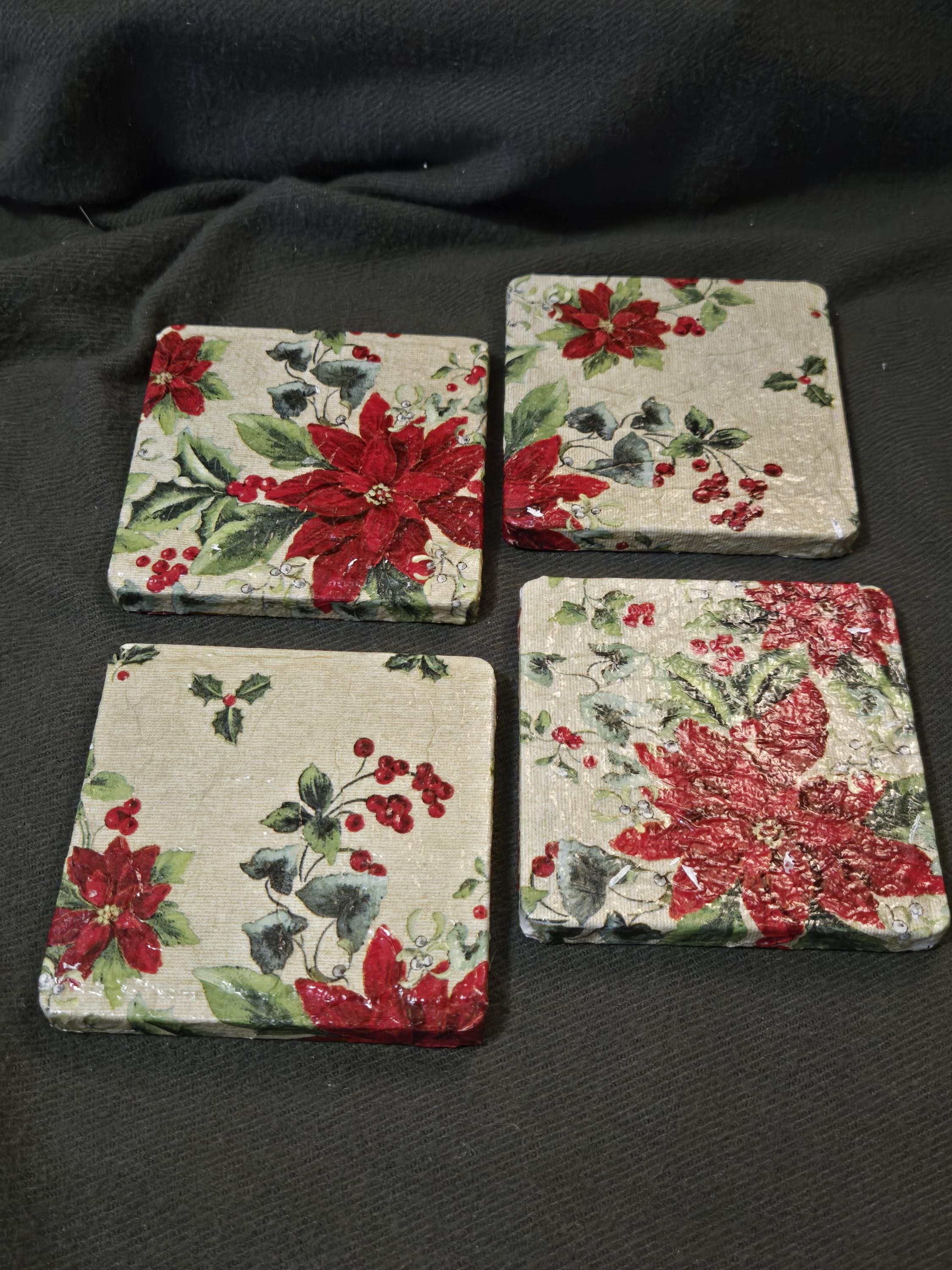Coasters, Christmas Coasters, Christmas Coaster Set, 4pc. Christmas Coaster Set, Pointsettia Coaster Set