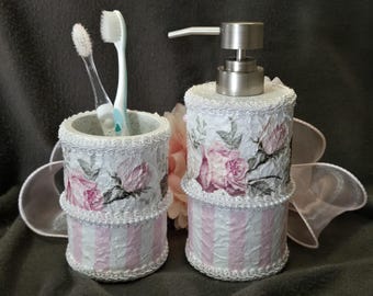 Soap Dispenser Set, Shabby Chic Bathroom, Shabby Chic Decor, Shabby Chic Soap Dispenser Set, Pink Floral Soap Dispenser Set